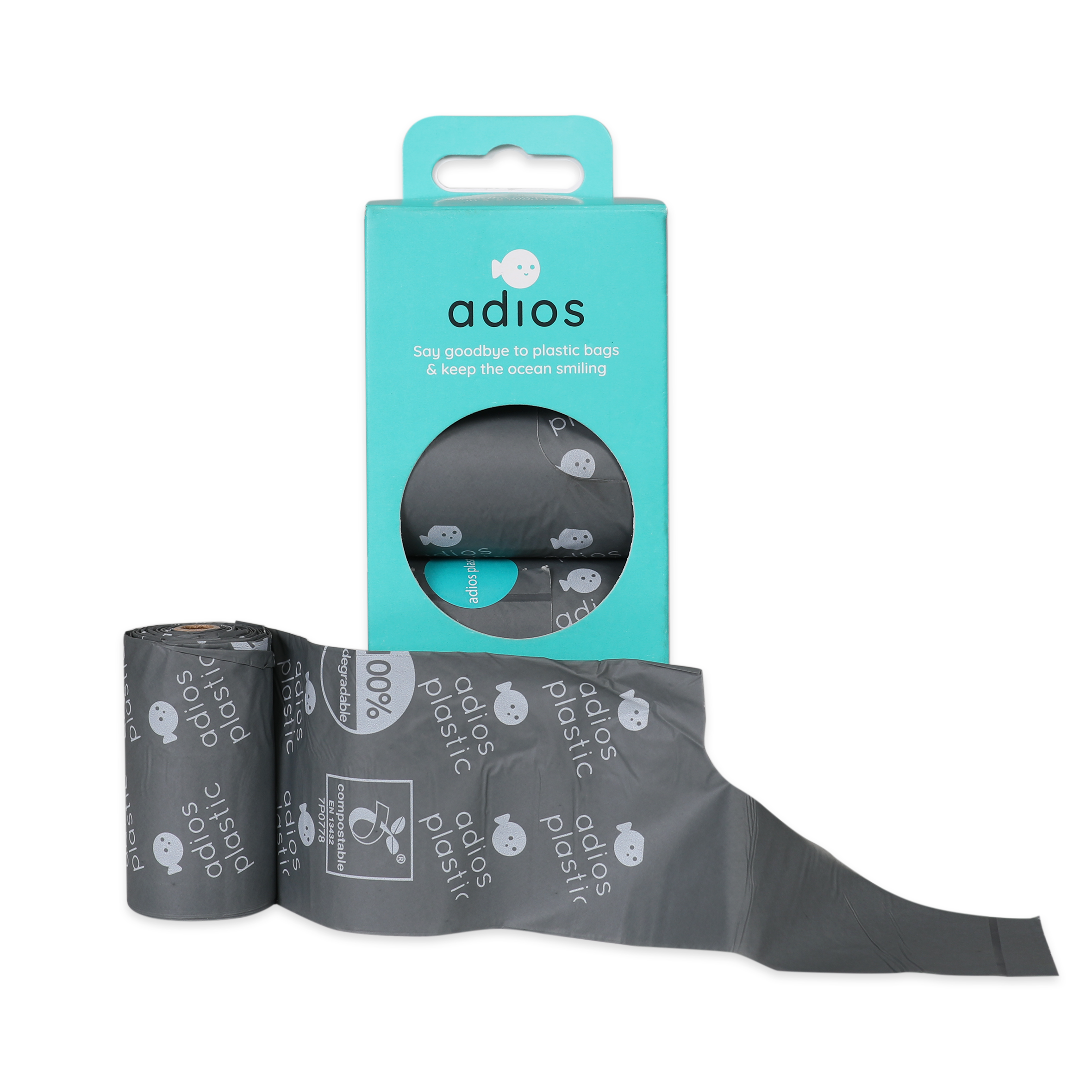 Adios Compostable Dog Poo Bags With Handle - 4 Rolls (60bags) - Grey or Coral