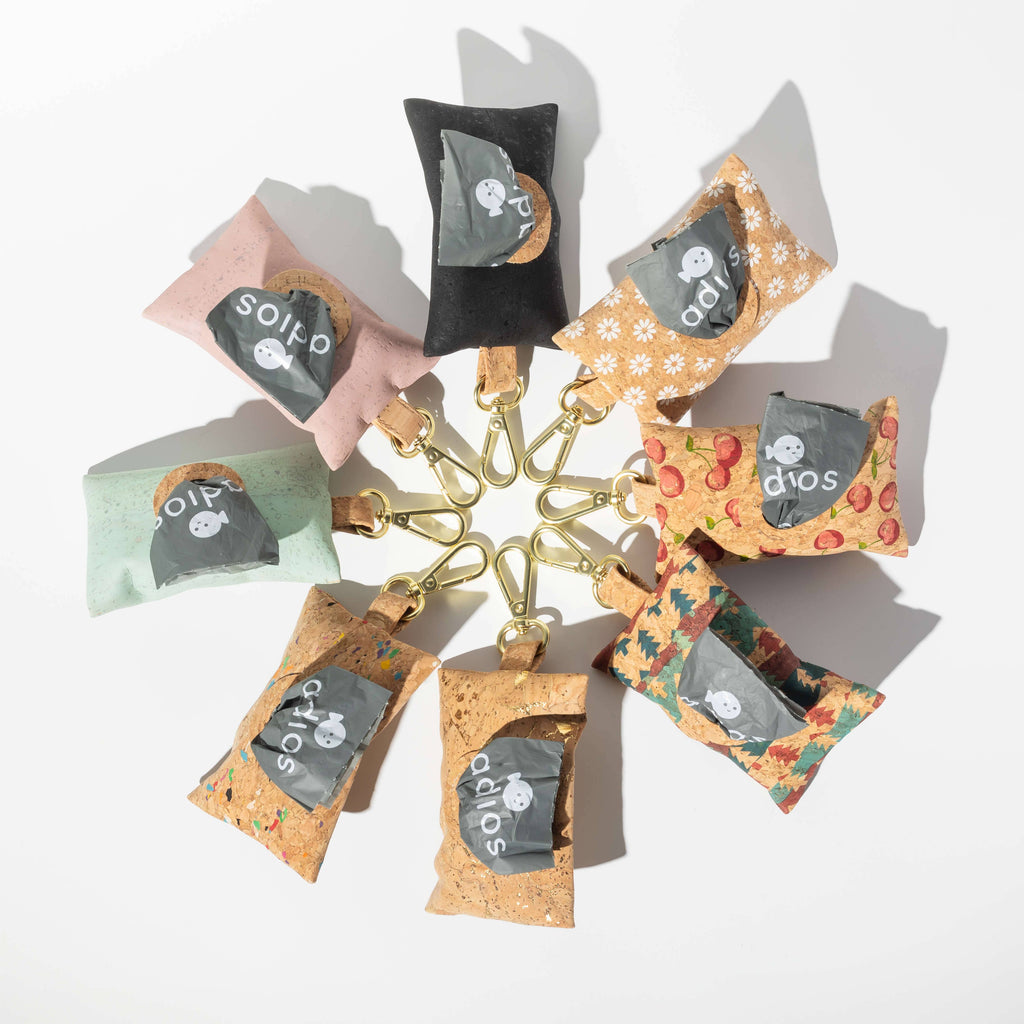 Adios Handmade Natural Cork Poo Bag Holders with 1 Roll of Compostable Poop Bags