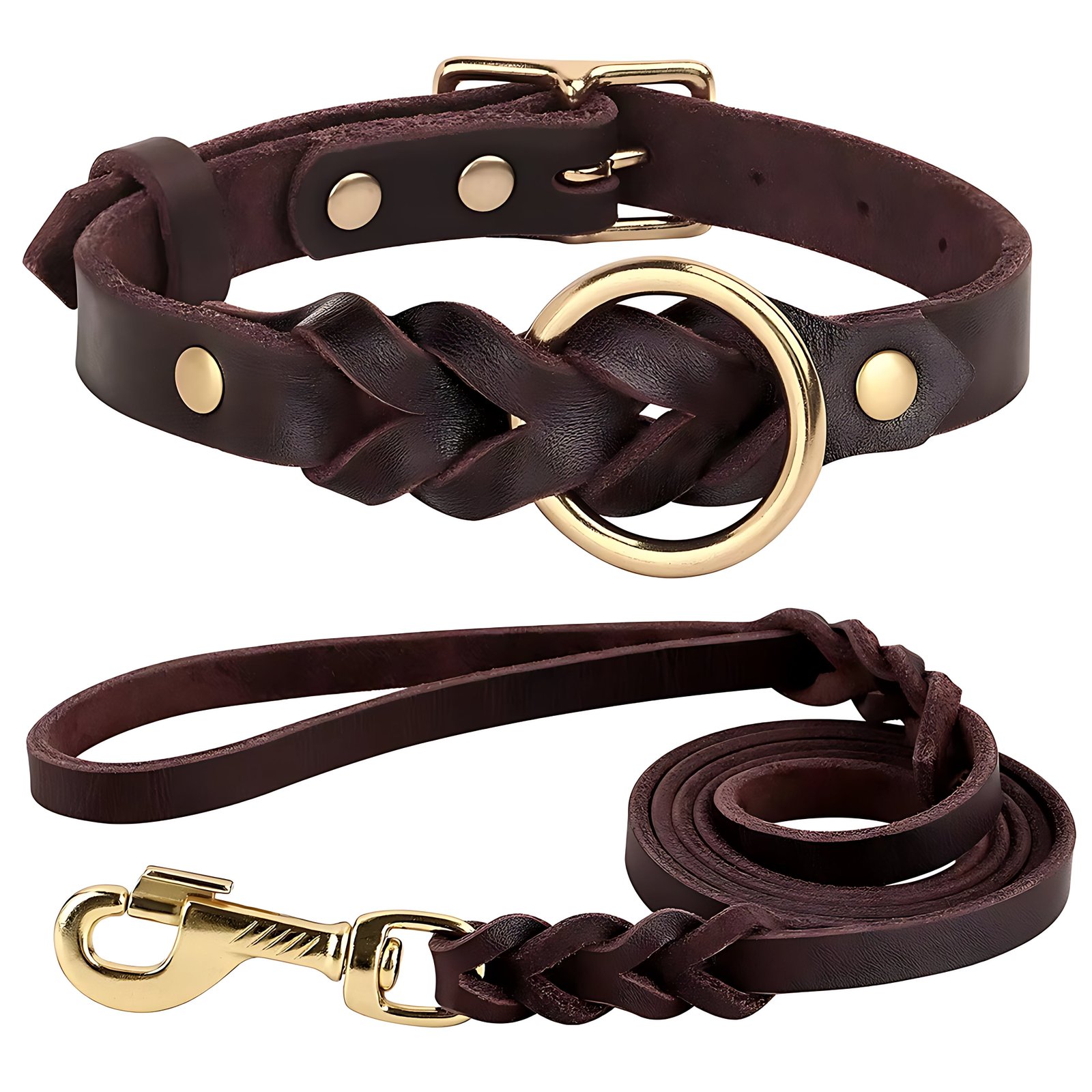 Genuine Leather Dog Collar & Lead Set – Braided Heavy Duty Leash - Image 2
