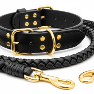 Premium Genuine Leather Dog Collar & Lead Set – Braided Heavy Duty Leash