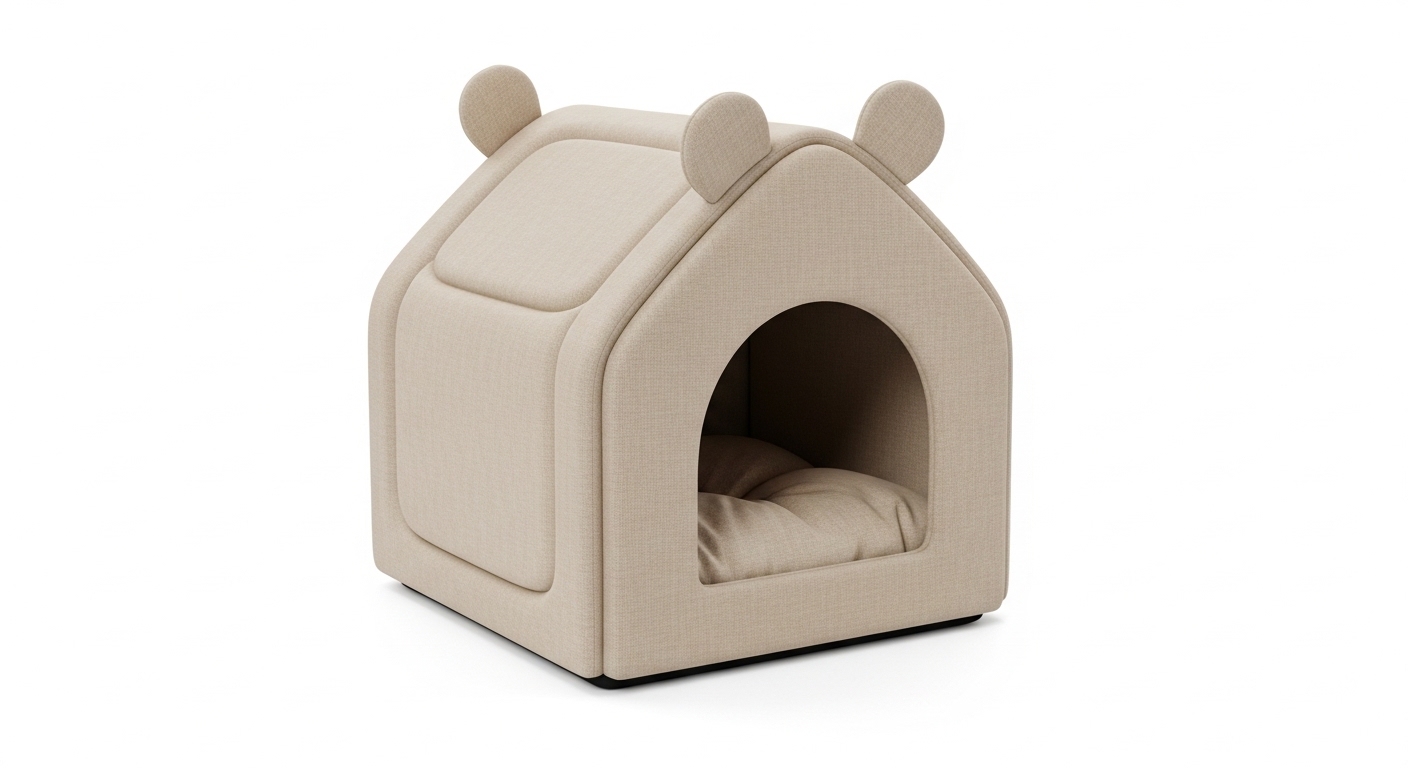 A beige, house-shaped pet bed with a cushioned interior and rounded roof features. Premium Indoor Pet House Bed – Soft, Washable & Cozy Pet Bed - Image 1