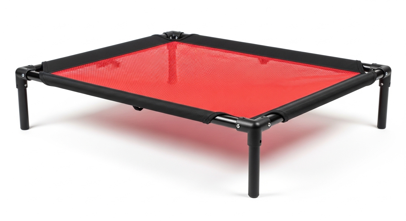 A red and black elevated dog bed with a mesh surface and sturdy frame on a white background. Premium Elevated Dog Bed – Cooling Breathable Mesh, Indoor & Outdoor - Image 1
