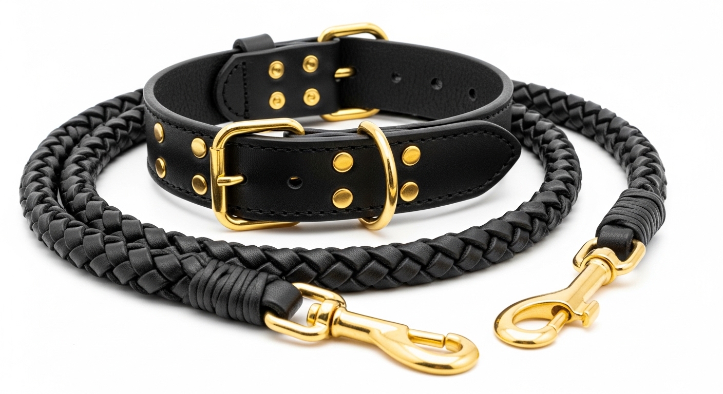 Black leather dog collar and leash set with gold hardware and braided design. Premium Genuine Leather Dog Collar & Lead Set – Braided Heavy Duty Leash - Image 1