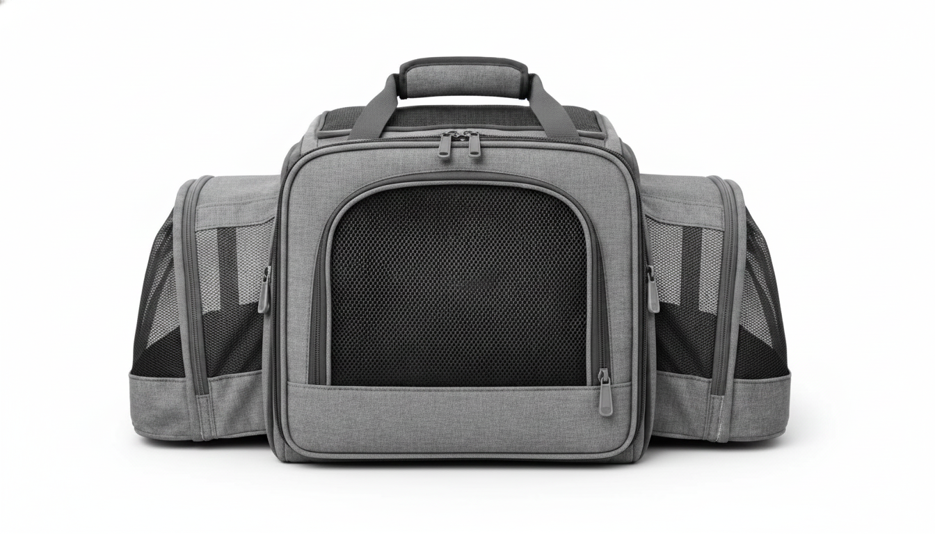 Gray-pet-carrier-with-mesh-panels-and-multiple-zippered-compartments-shown-from-the-front.png Premium Expandable Pet Travel Carrier – Airline Approved, Soft-Sided & Foldable - Image 1