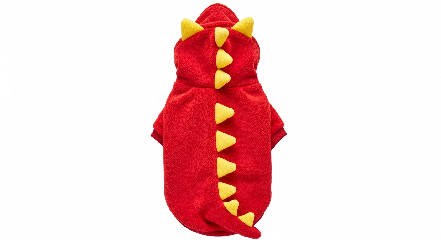 Red dinosaur costume with yellow spikes on a white background for pets or toys. Premium Dinosaur Dog Hoodie – Soft Fleece Warm Winter Coat for Small Dogs - Image 1