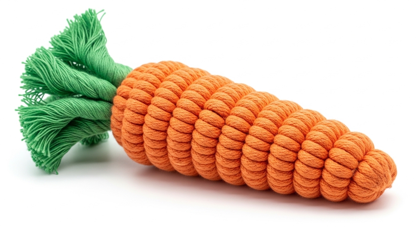 Vibrant orange rope carrot toy with green tassel top on white background for pets. Premium Cotton Rope Knot Dog Toy – Strong Chew & Dental Cleaning Toy Option 4 (SEO-Friendly): - Image 1